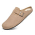 Beige sand barefoot suede clog shoe with a buckle on a white background