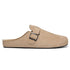 Beige barefoot suede clog shoe with a buckle on a white background