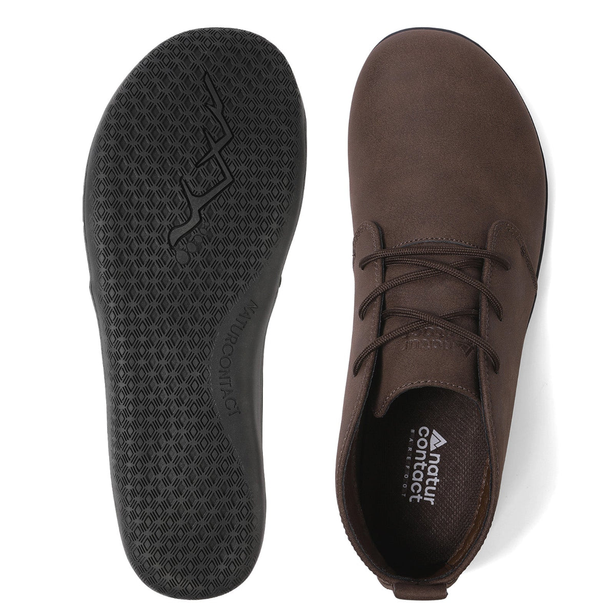A pair of brown suede lace-up shoes shown from the top and sole views on a white background. The brand 'Natural Comfort' is visible on the insole.