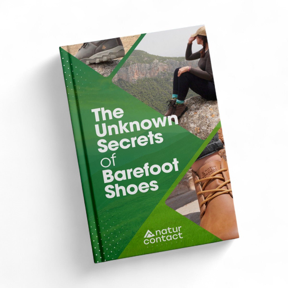 Naturcontact ebook cover titled ‘The Unknown Secrets of Barefoot Shoes’, featuring outdoor barefoot footwear imagery and brand logo.