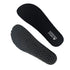 Honeycomb-textured black insoles for barefoot shoes with flexible black base and full-length perforated structure.