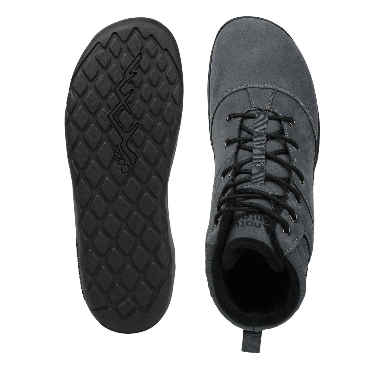 Naturcontact Intemperia 2.0 winter barefoot boots in dark grey, top and sole view showing wide toe box and flexible minimalist outsole.