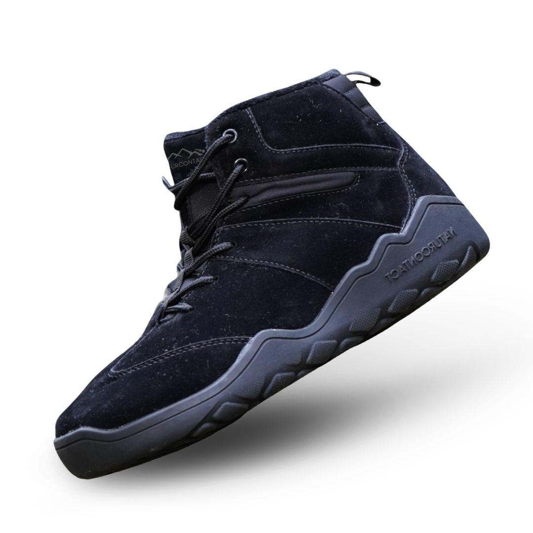 Naturcontact Intemperia winter barefoot boots in Black suede, zero drop minimalist design with wide toe box and flexible sole for natural foot movement in winter conditions.