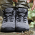 Naturcontact Intemperia winter barefoot boots in Grey, front view showing wide toe box, flexible sole and minimalist lacing system outdoors.