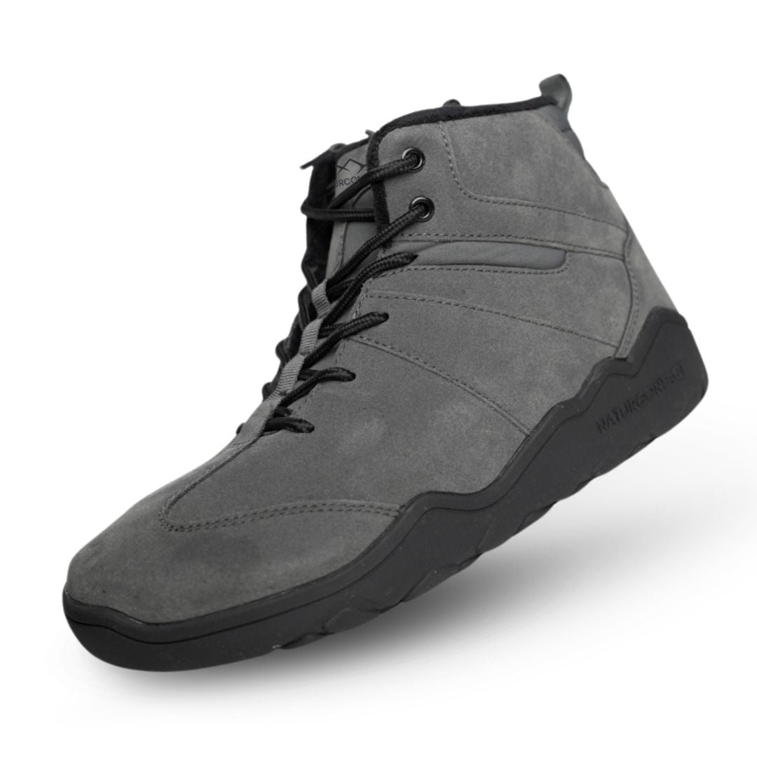 Naturcontact Intemperia winter barefoot boots in grey suede, minimalist zero drop design with wide toe box and flexible sole for natural walking in cold weather.