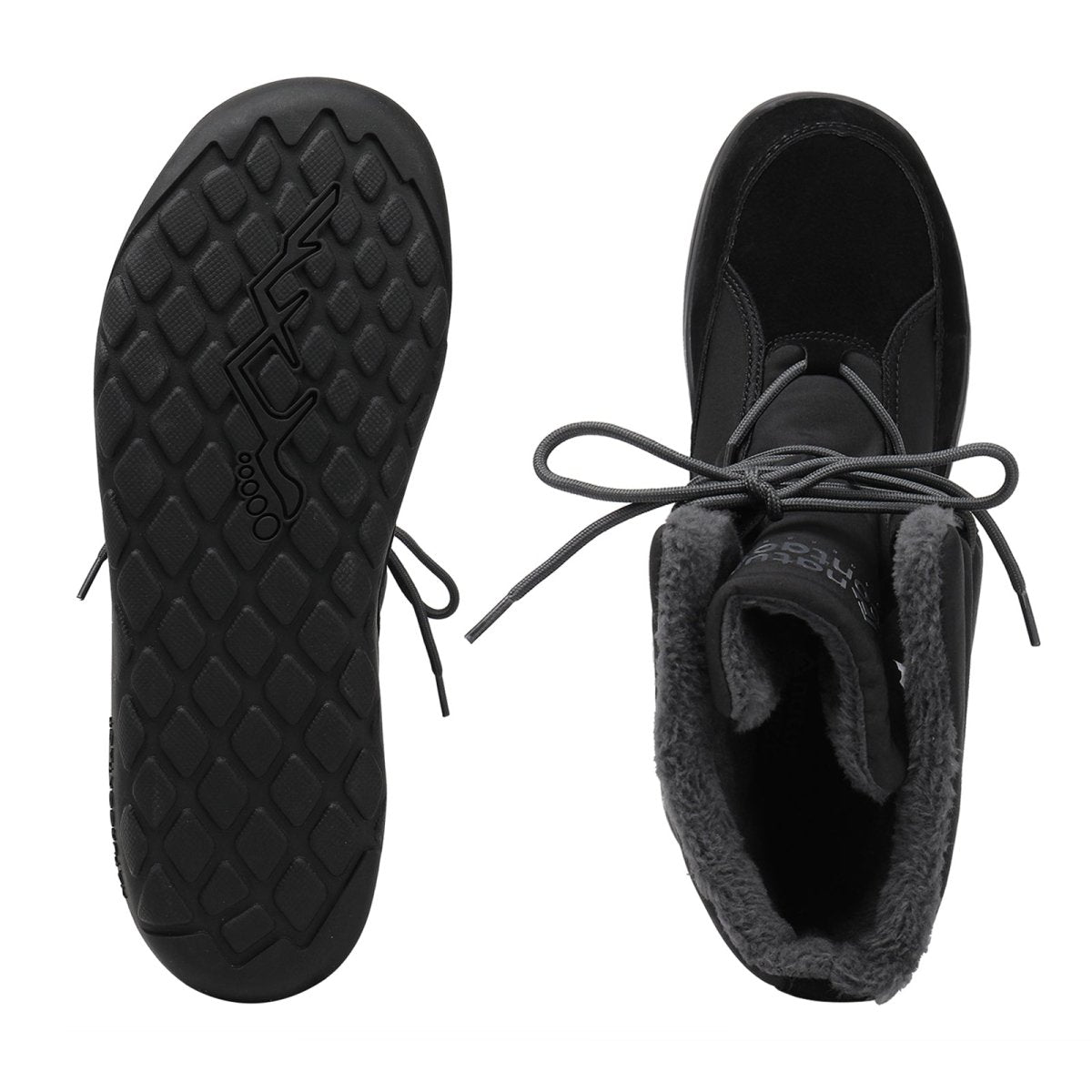 Top and sole view of Black Naturcontact Lapland high-top winter barefoot boots, insulated and waterproof, with flexible high-traction sole