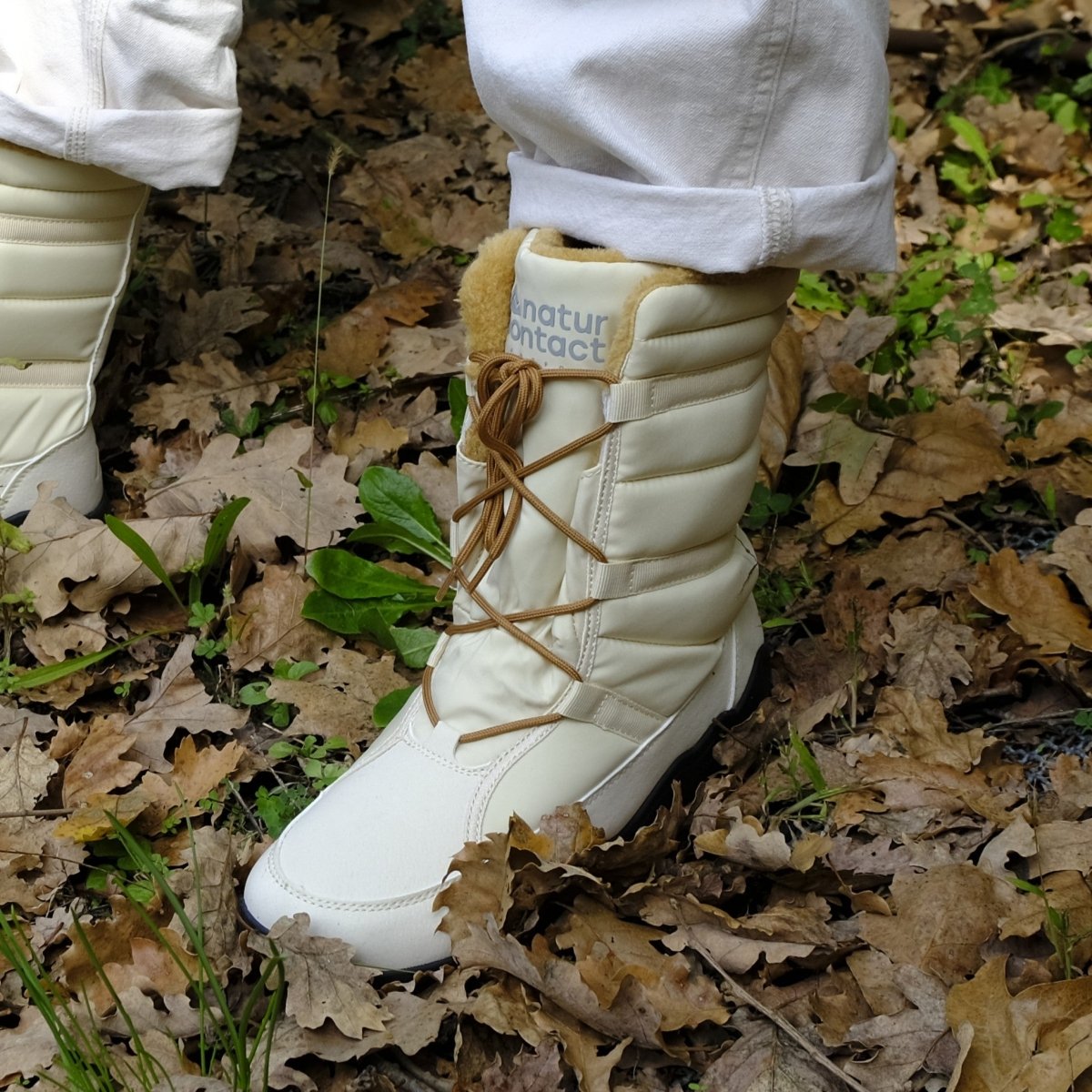 Naturcontact men’s winter barefoot boots worn outdoors on forest ground, showing flexibility and comfort in use