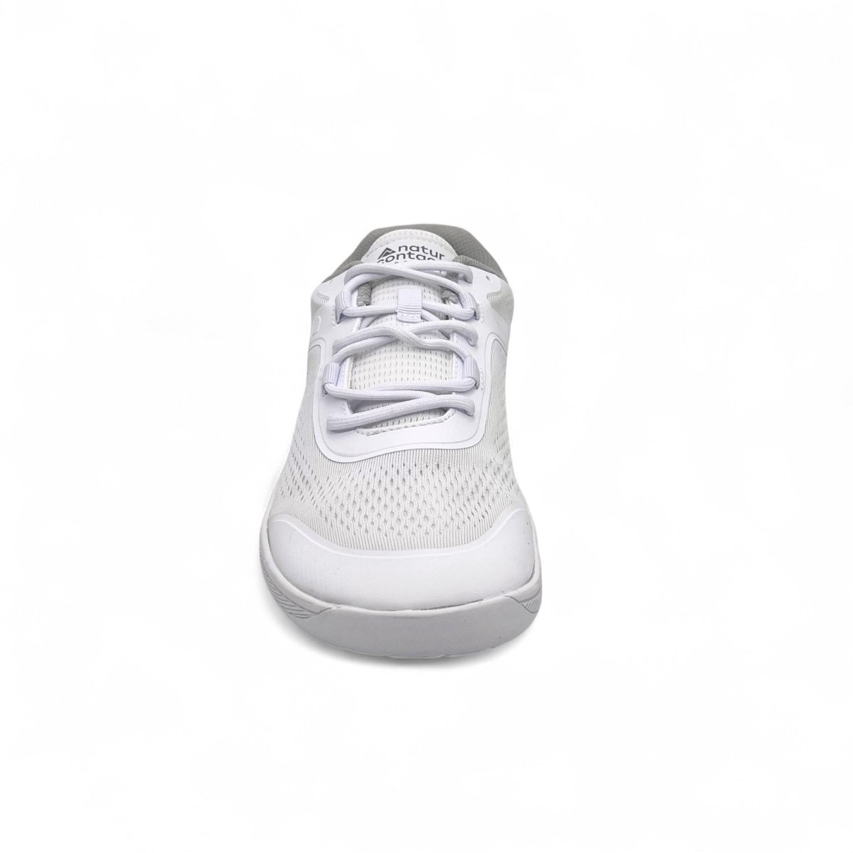 Front view of white Naturcontact Metro Flex 3.0 barefoot shoes with wide toe box and breathable mesh upper