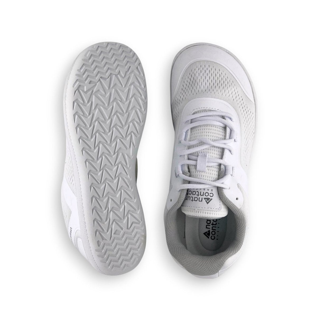 Top and sole view of white Naturcontact Metro Flex 3.0 barefoot shoes showing breathable upper, wide toe box, and flexible grip outsole