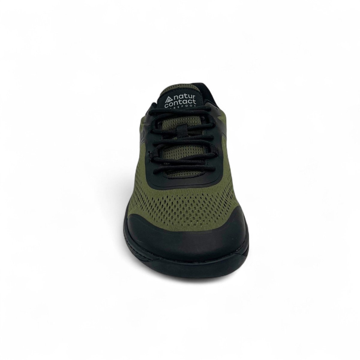 Olive green Naturcontact Metro Flex 3.0 barefoot shoe front view with breathable mesh upper and minimalist toe protection on white background