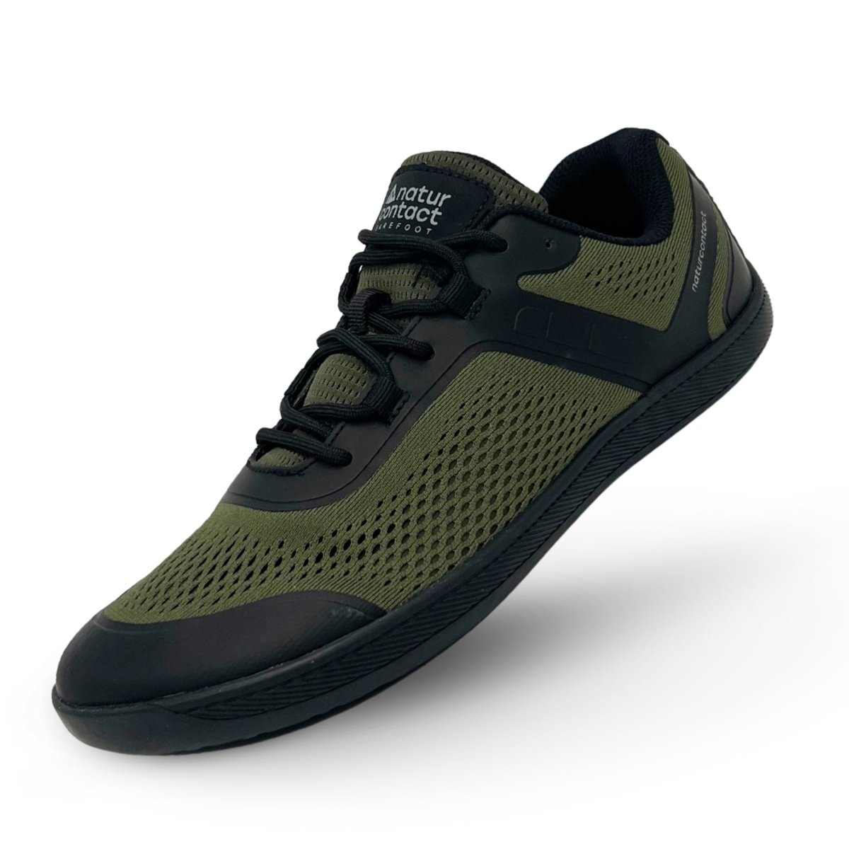 Military Green Naturcontact Metro Flex 3.0 barefoot shoe with breathable mesh upper and minimalist sole isolated on white background