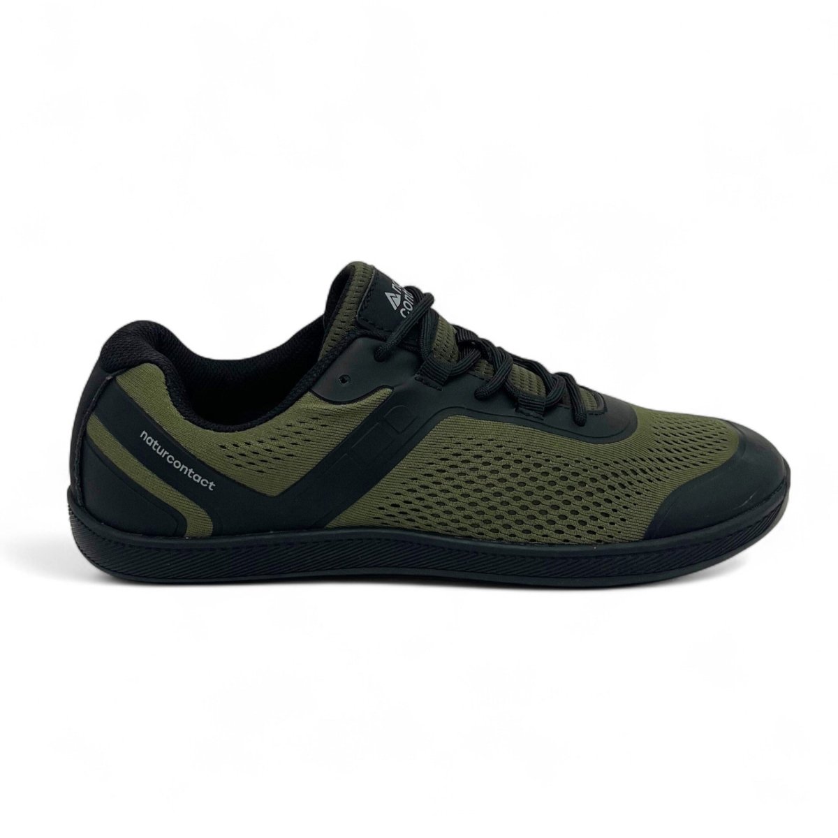 Olive green Naturcontact Metro Flex 3.0 barefoot shoe side view with breathable mesh upper and thin flexible sole on white background