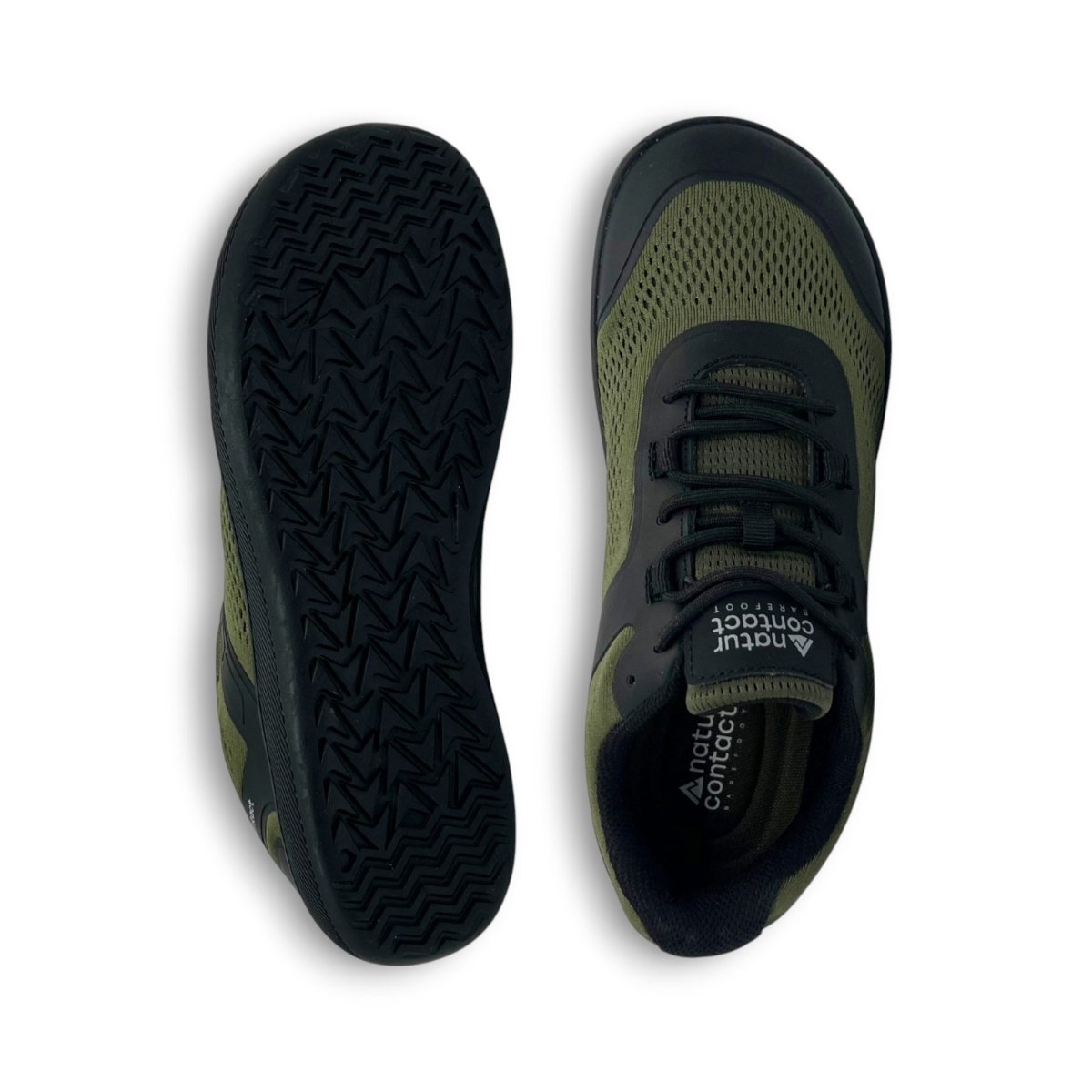 Olive green Naturcontact Metro Flex 3.0 barefoot shoes top and outsole view highlighting zero drop sole and flexible tread on white background