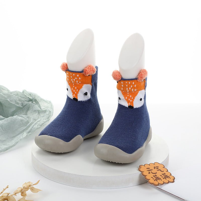 Naturcontact Mini Contact 2.0 baby barefoot shoes in blue with cute fox design, sock-style fit, breathable fabric and flexible anti-slip sole for first steps.
