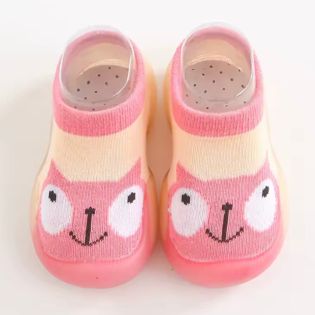 Naturcontact Mini Contact 2.0 baby barefoot shoes in pink colorway, sock-style design with cute animal face, breathable fabric and flexible non-slip sole.