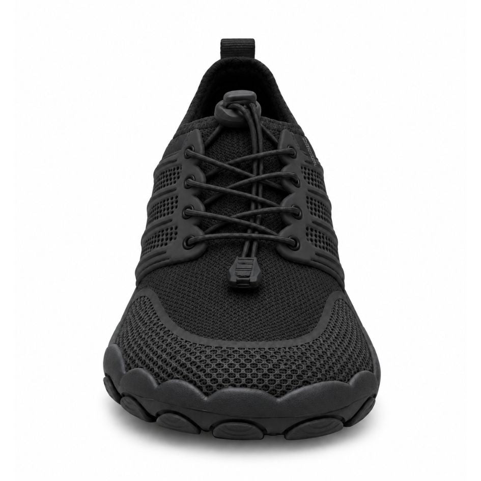 Front view of all-black Sport Contact 2.0 barefoot trainers featuring elastic quick-laces, breathable mesh and a rounded toe box.