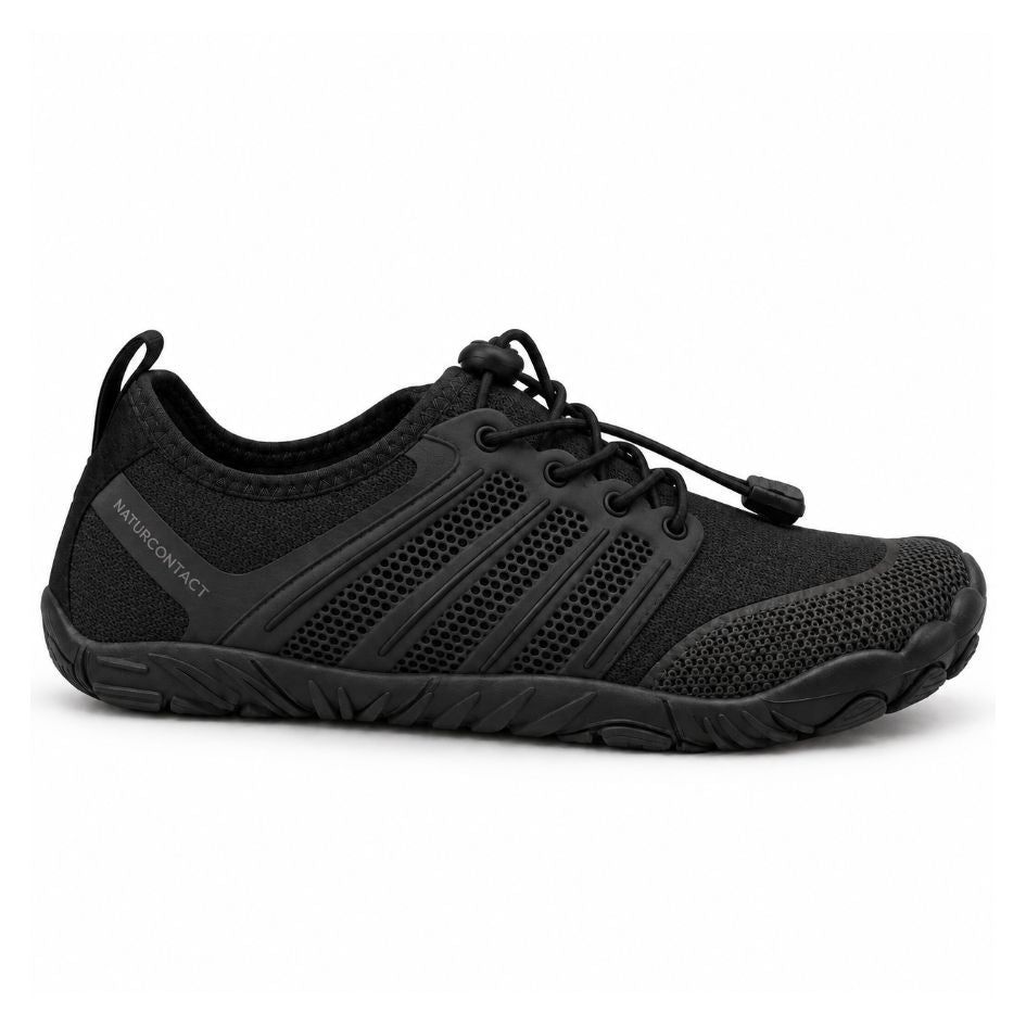 Side profile of black Sport Contact 2.0 barefoot shoes showing black breathable mesh, tonal stripes and sculpted outsole.