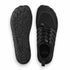 Top and outsole views of black Sport Contact 2.0 barefoot shoes showing the black lace system and patterned tread.
