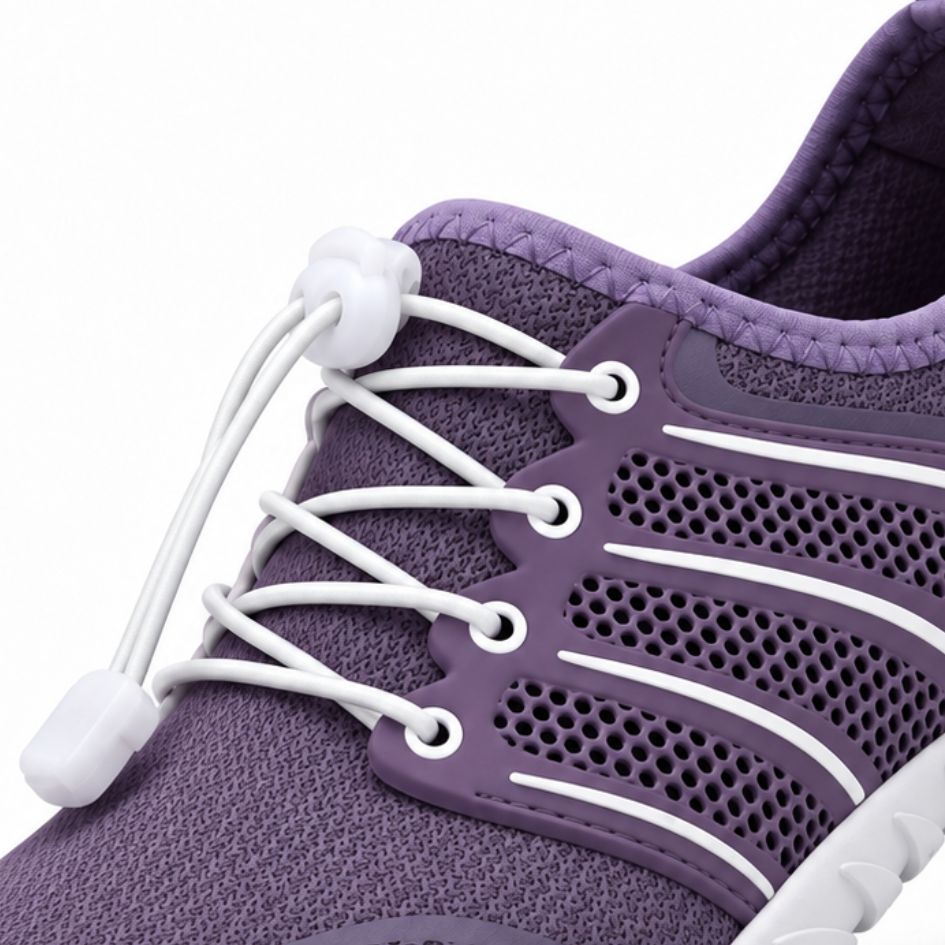 Close-up of lilac Sport Contact 2.0 shoes showing white elastic quick-laces, purple eyelet panel and open mesh texture.
