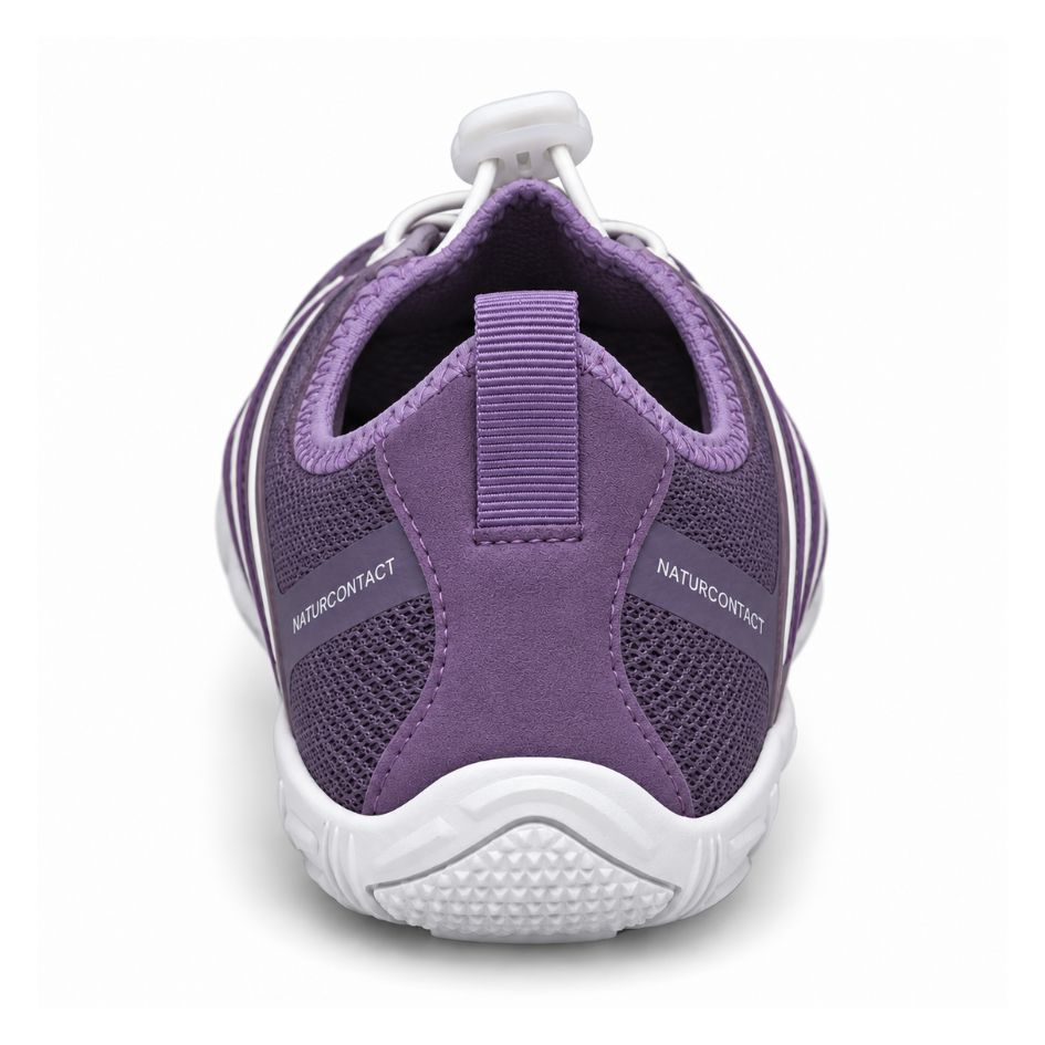 Rear view of lilac Sport Contact 2.0 barefoot trainers with heel pull tab, branded side panels and textured white heel tread.