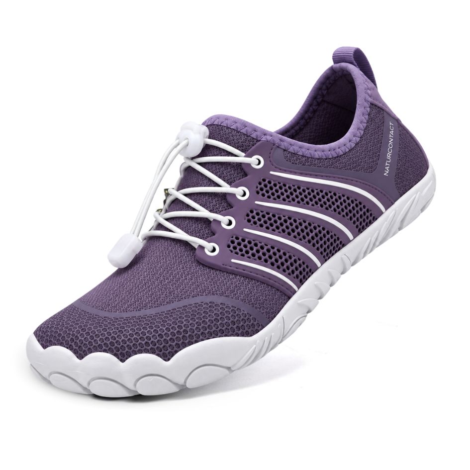 Three-quarter view of lilac Naturcontact Sport Contact 2.0 barefoot trainers with white elastic laces, breathable mesh and white outsole.