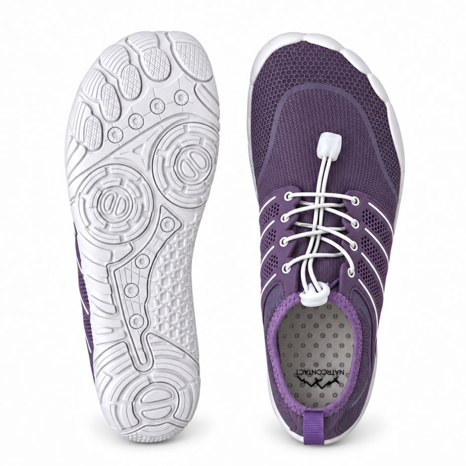 Top and outsole views of lilac Sport Contact 2.0 barefoot shoes showing the white sole tread, elastic lacing and footbed.