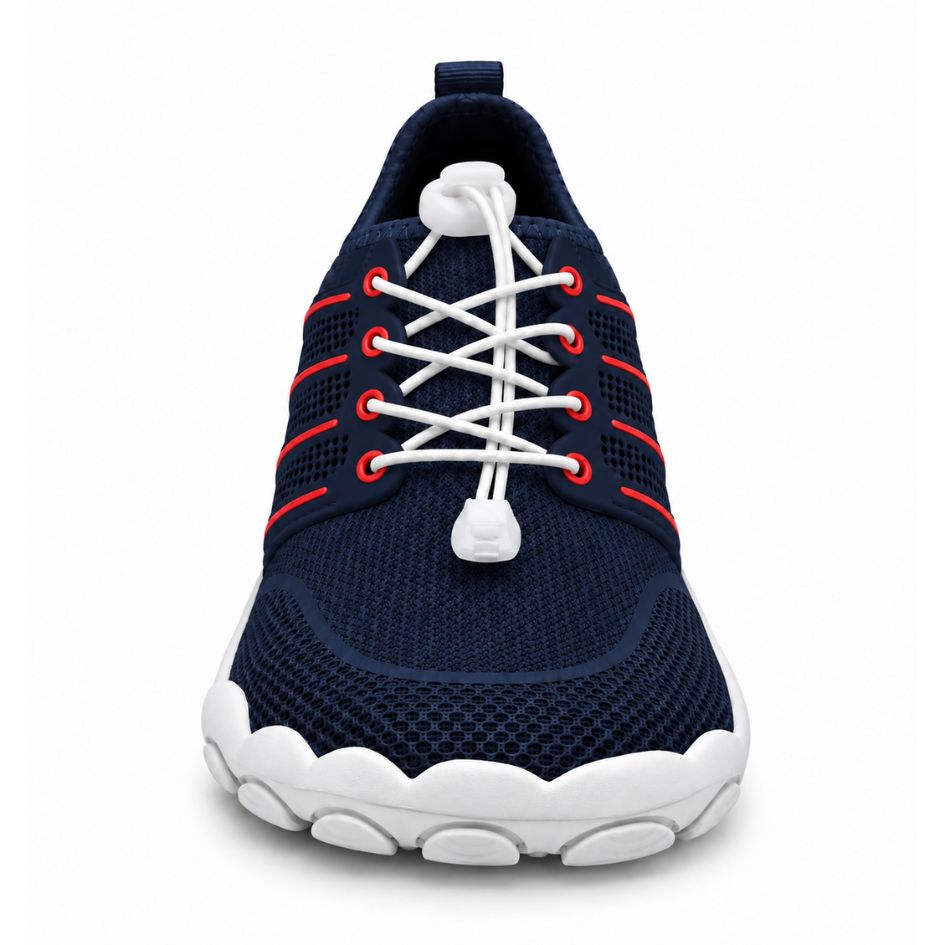 Front view of Naturcontact Sport Contact 2.0 navy blue barefoot trainers with red accents, white quick-laces and a rounded mesh toe box.