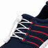 Close-up of Sport Contact 2.0 navy blue barefoot trainers showing white elastic quick-laces, red eyelets, breathable mesh and red side stripes.