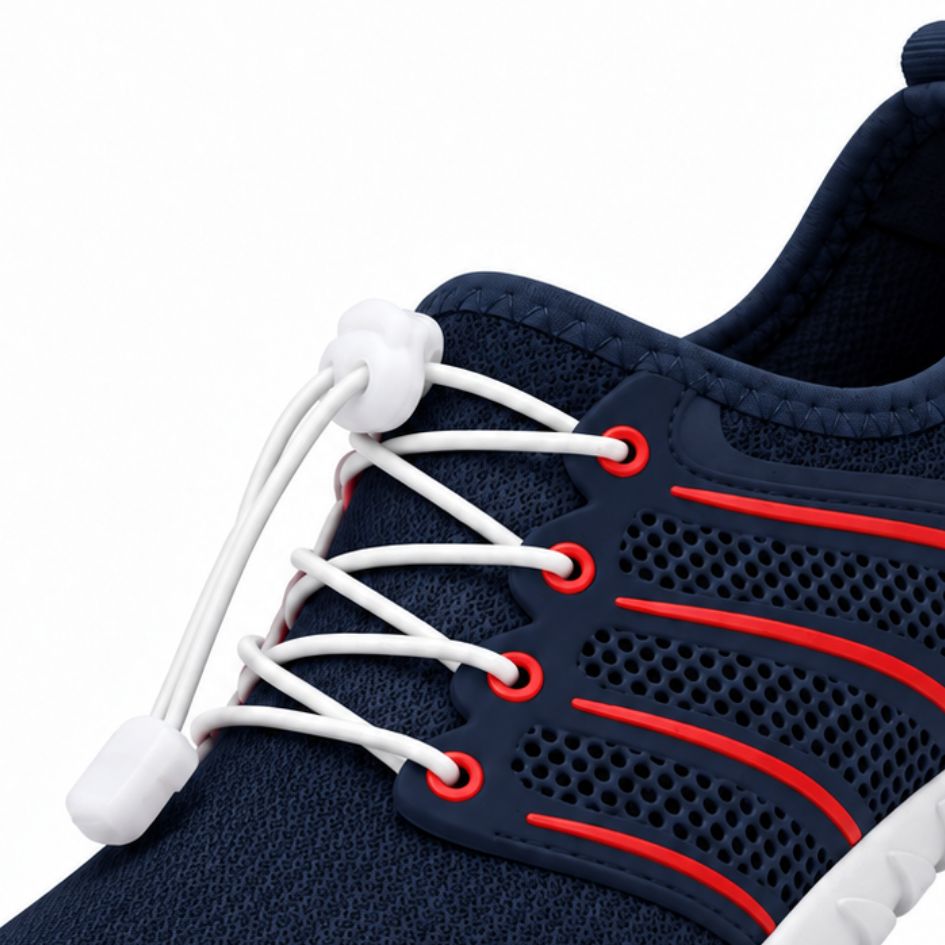 Close-up of Sport Contact 2.0 navy blue barefoot trainers showing white elastic quick-laces, red eyelets, breathable mesh and red side stripes.