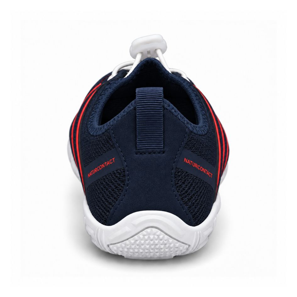 Rear view of navy blue and red Naturcontact Sport Contact 2.0 barefoot shoes showing the heel pull tab, branded side panels and white heel tread.