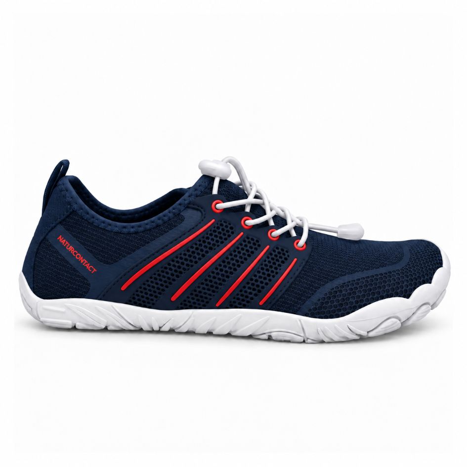 Side profile of Naturcontact Sport Contact 2.0 navy blue and red barefoot shoes with breathable mesh panels, white quick-laces and a flexible white sole.