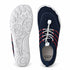 Top and outsole views of Naturcontact Sport Contact 2.0 navy blue and red barefoot shoes showing the white sole tread, elastic laces and shoe interior.