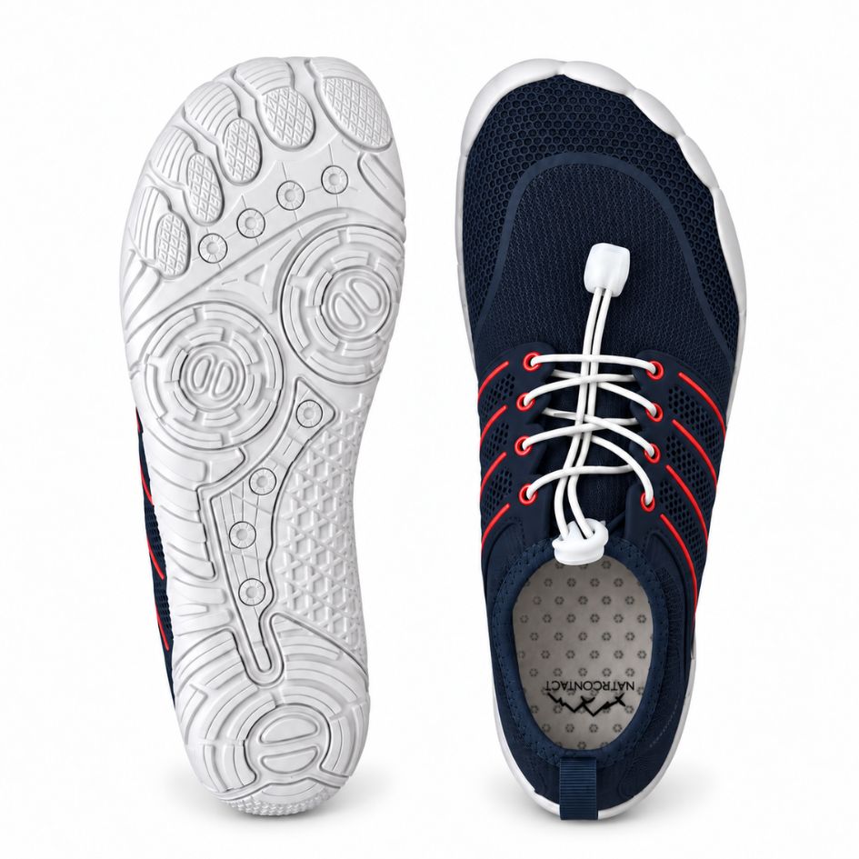 Top and outsole views of Naturcontact Sport Contact 2.0 navy blue and red barefoot shoes showing the white sole tread, elastic laces and shoe interior.
