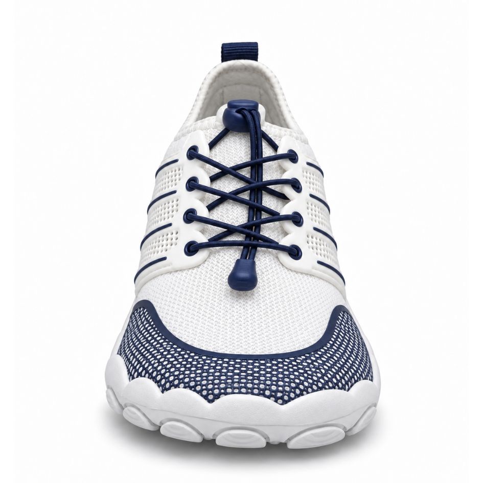 Front view of white and navy Sport Contact 2.0 barefoot trainers showing navy elastic laces and a spacious rounded toe box.