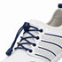 Close-up of white and navy Sport Contact 2.0 shoes showing navy elastic laces, lace lock, eyelets and breathable mesh.