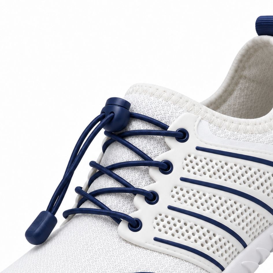 Close-up of white and navy Sport Contact 2.0 shoes showing navy elastic laces, lace lock, eyelets and breathable mesh.
