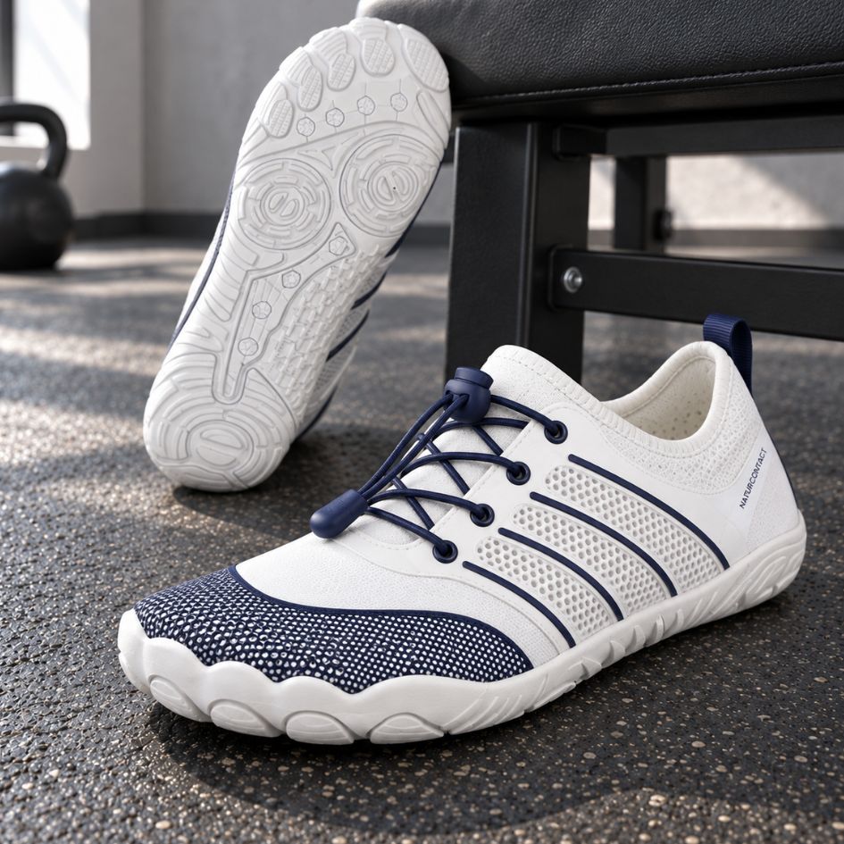 White and navy Sport Contact 2.0 barefoot shoes shown as a pair with a detailed view of the white outsole traction pattern.
