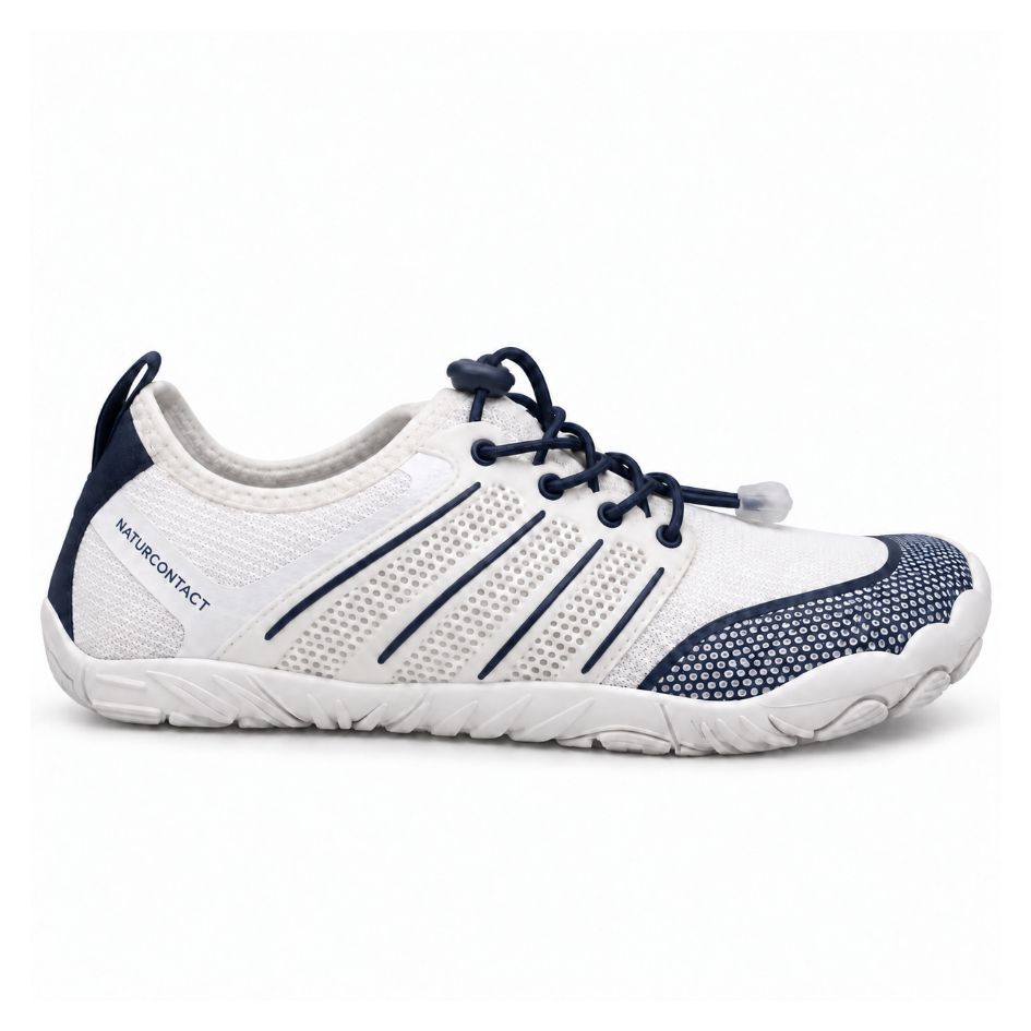 Side profile of white and navy Naturcontact Sport Contact 2.0 shoes with blue accents, mesh panels and flexible white outsole.