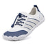 Three-quarter view of white and navy Sport Contact 2.0 barefoot trainers featuring navy quick-laces, breathable mesh and white sole.