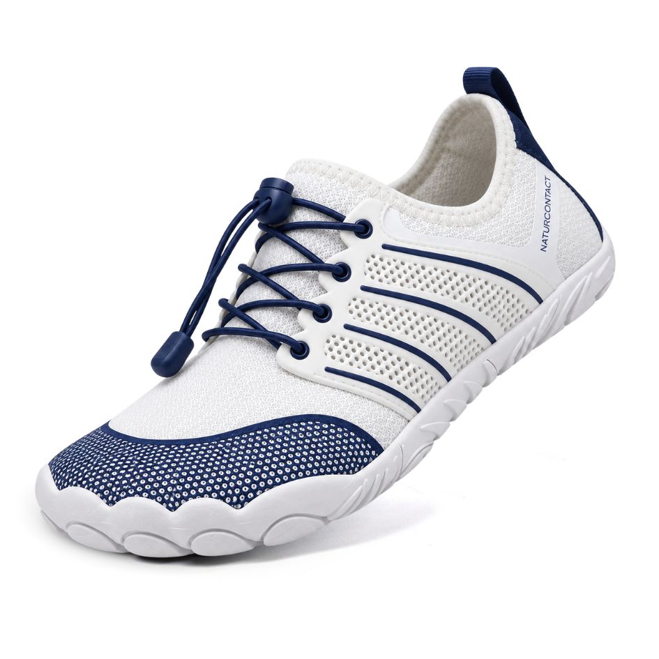 Three-quarter view of white and navy Sport Contact 2.0 barefoot trainers featuring navy quick-laces, breathable mesh and white sole.