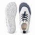 Overhead and outsole views of white and navy Sport Contact 2.0 barefoot shoes showing the navy lacing system and white tread.