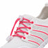 Close-up of Sport Contact 2.0 white and pink shoes showing bright pink elastic laces, eyelets, white lace lock and breathable mesh.