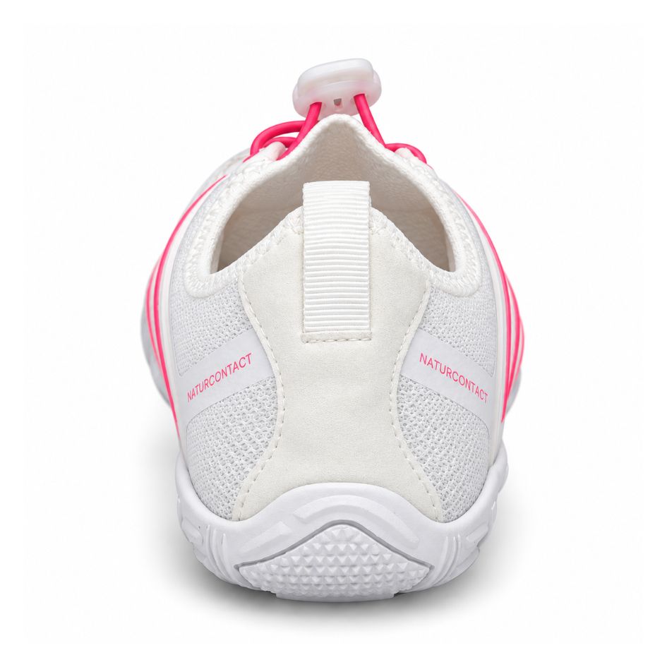 Rear view of white and pink Sport Contact 2.0 barefoot trainers showing the heel pull tab, white collar and textured outsole.