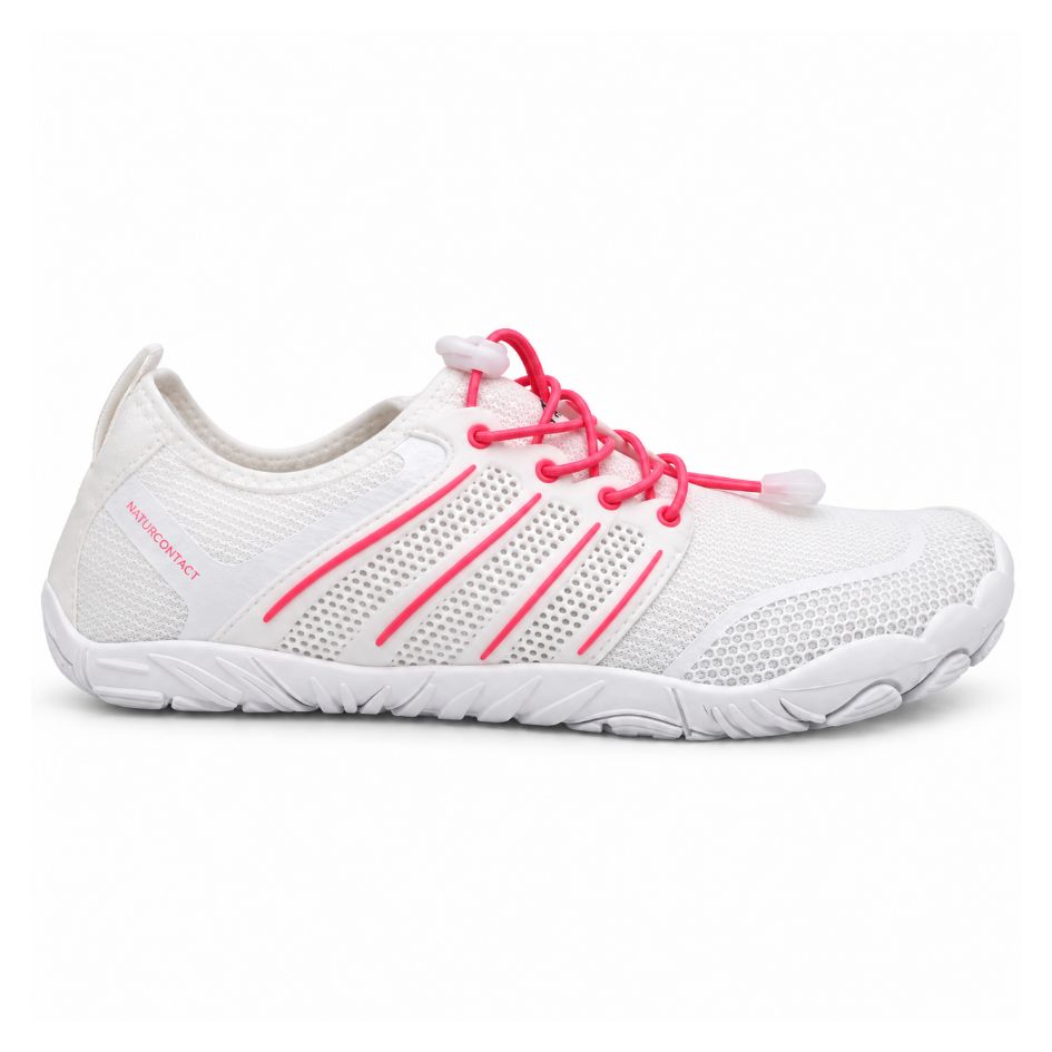 Side profile of Naturcontact Sport Contact 2.0 in white and pink, showing perforated mesh panels, pink stripes and the flexible white outsole.