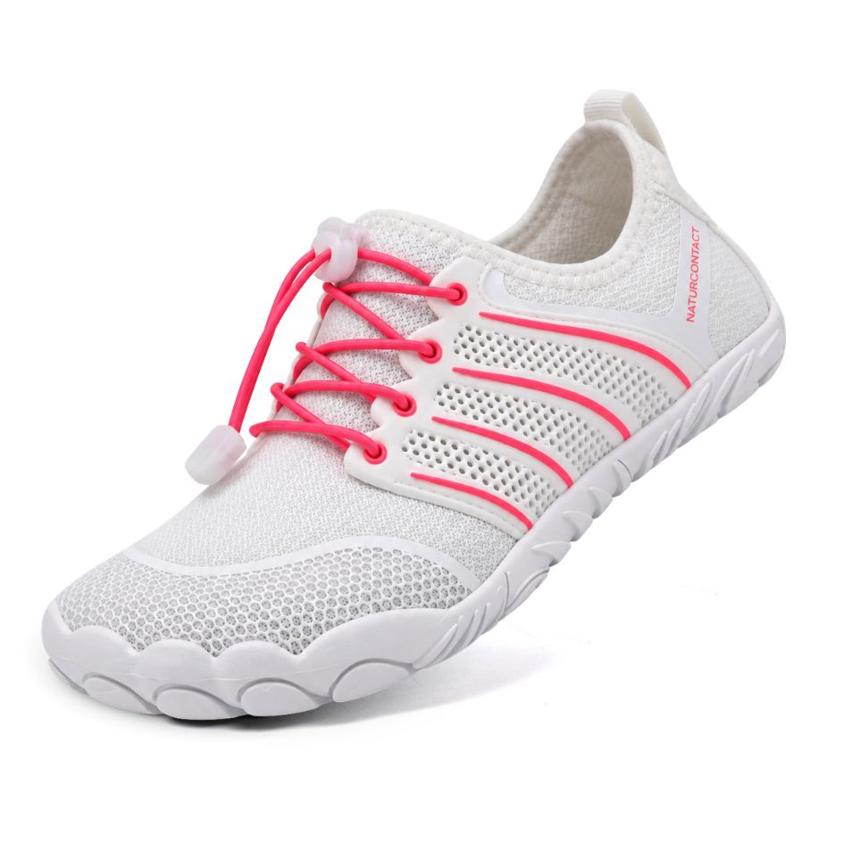 Three-quarter view of Naturcontact Sport Contact 2.0 white barefoot trainers with bright pink quick-laces, breathable mesh and a flexible white sole.
