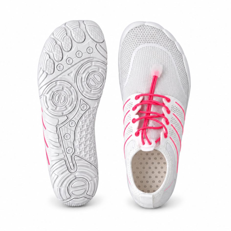 Overhead and outsole views of white and pink Sport Contact 2.0 shoes showing the pink quick-lace system and detailed white tread pattern.