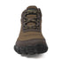 Front view of the brown Storm Feel shoe, showing its laces and wide toe box.