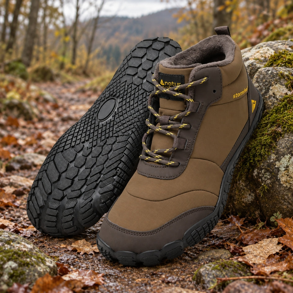 Pair of brown Storm Feel shoes beside a mossy rock on an autumn hiking trail.