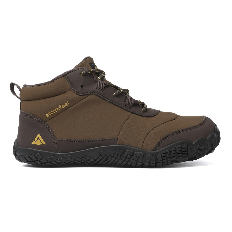 Side view of the brown Storm Feel barefoot winter shoe on a white background.