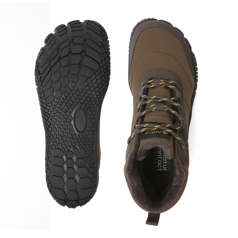 Brown Storm Feel shoes shown from above and underneath, displaying the upper and sole tread.